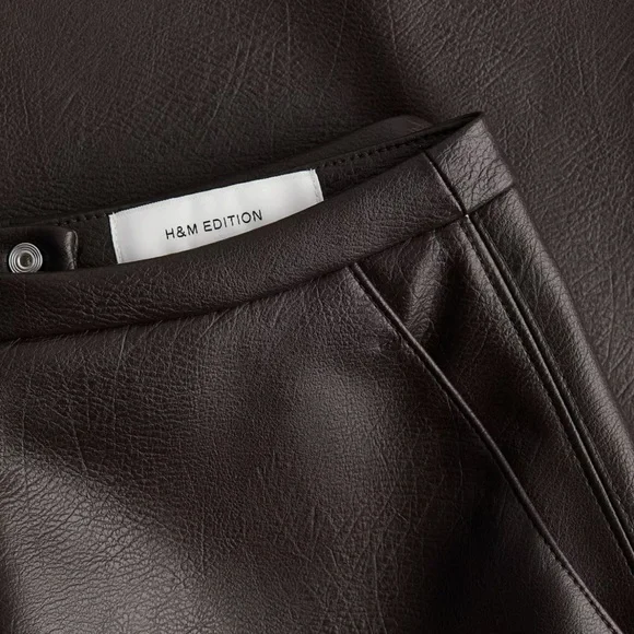 H&M Edition (2) Chocolate Brown Coated Leather Look Skirt- A Line Midi Length - Picture 2 of 9